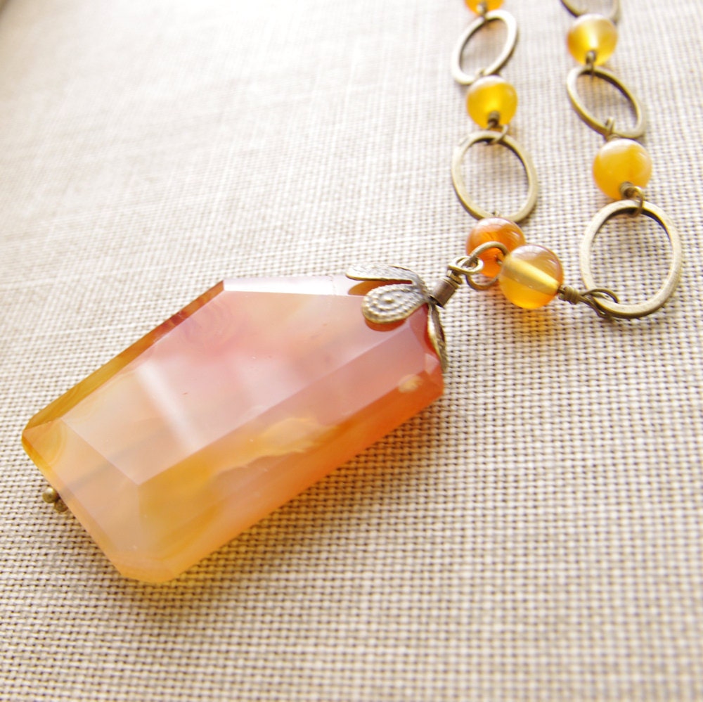 Carnelian Necklace Beaded Natural Stone Brass Bronze Long Necklace Golden Amber Ombre Gemstone Pendant, Artisan Handmade Jewelry