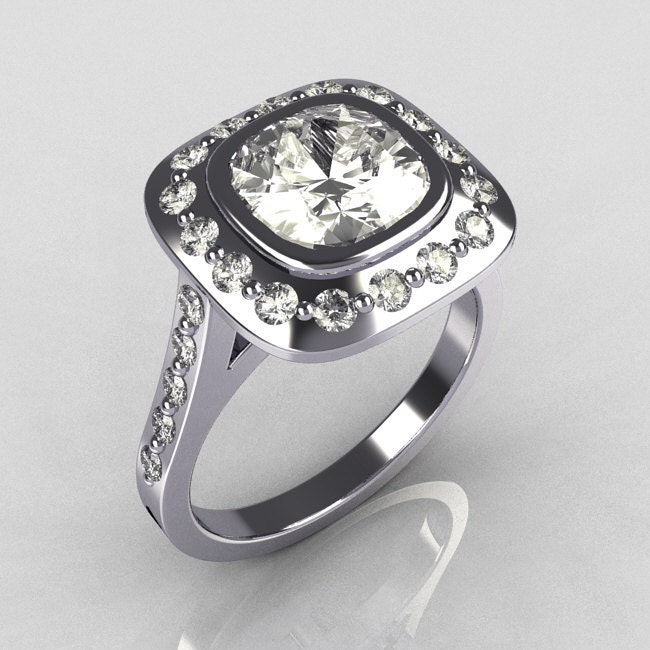 Tiffany Legacy Style 10K White Gold 2.0 Carat Cushion Cut CZ Accent Diamond Engagement Ring R60-10KWGDCZ