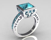 Classic Bridal 14K White Gold 2.5 Carat Square Princess Aquamarine Ring R309-14WGAQ