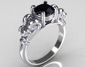 Modern Antique 14K White Gold 1.0 Carat Round Black Diamond Designer Solitaire Ring R141-14WGBD