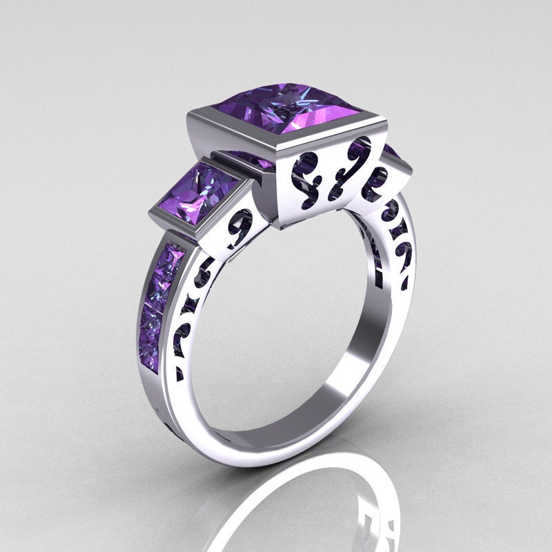 Classic Bridal 14K White Gold 2.5 Carat Square Three Stone Princess Alexandrite Ring R315-14WGAL