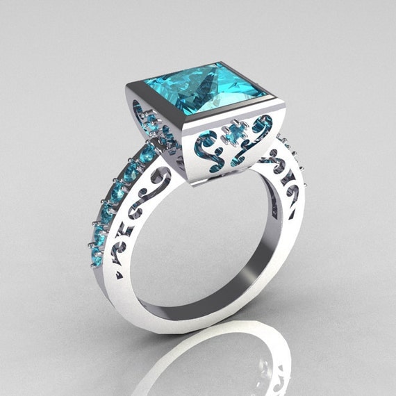 Classic Bridal 14K White Gold 2.5 Carat Square Princess Aquamarine Ring R309-14WGAQ