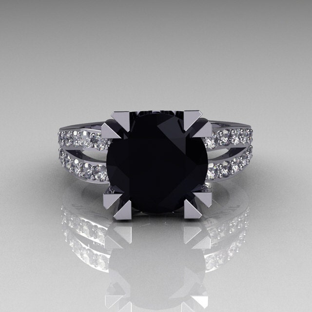 Modern Vintage 14K White Gold 3.0 Carat Black and White Diamond Solitaire Ring R102-14KWGDBD
