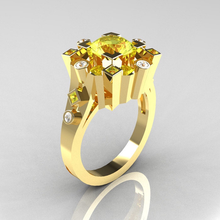 Classic 14K Yellow Gold 1.5 Carat Yellow Topaz Diamond Wedding Ring AR108-14KYGDYTT