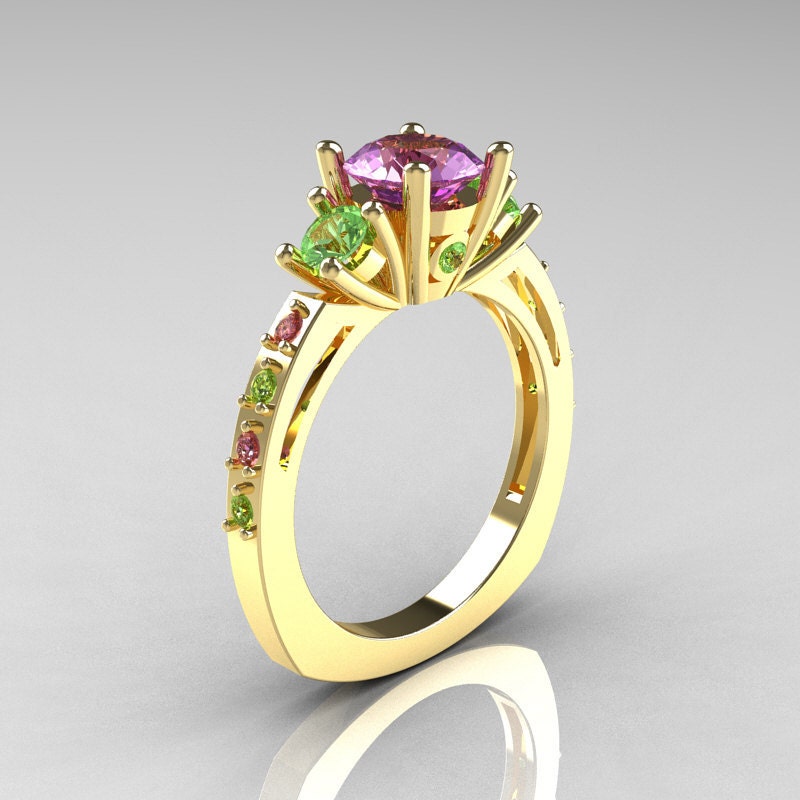Classic French Bridal 10K Yellow Gold Three Stone 1.0 Carat Lilac and Green Amethyst Engagement Ring AR112-10KYGLGAM