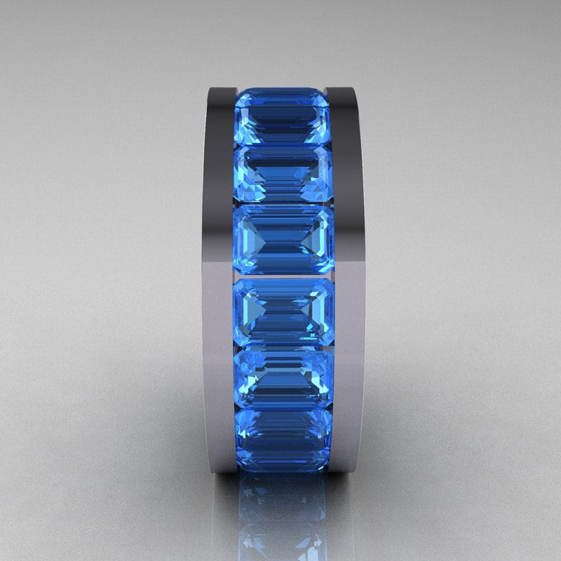 Mens Modern 10K White Gold Blue Topaz Channel Cluster Infinity Wedding Band R174-10WGBT