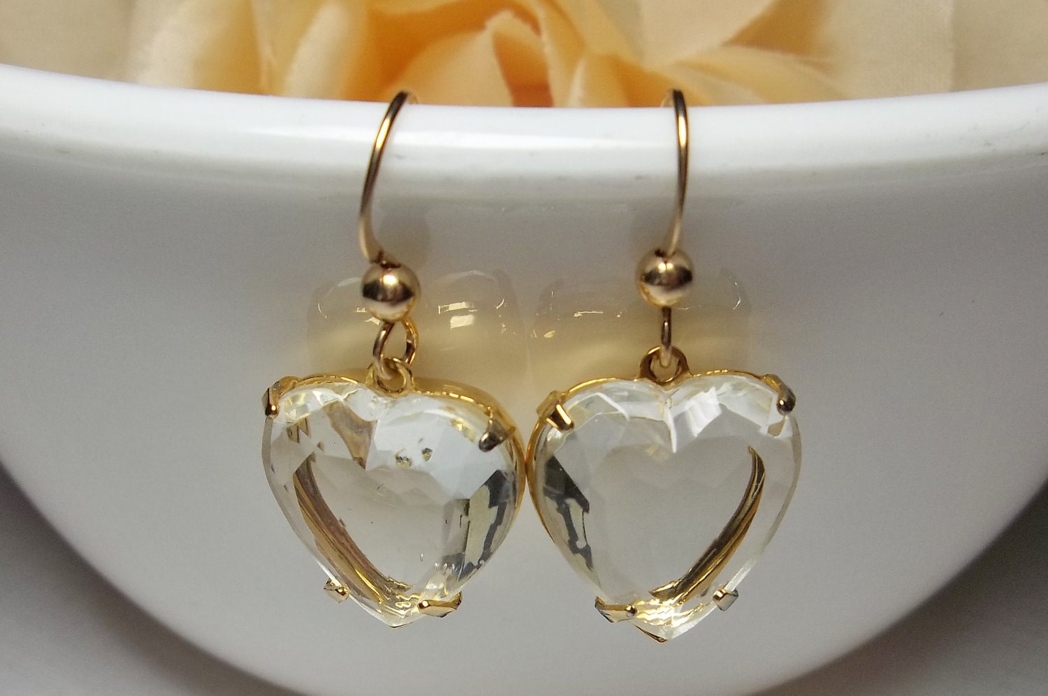 Gold Heart Earrings - Clear Rhinestones - Gold filled earwires - LOVE Jewelry - GIFT-
