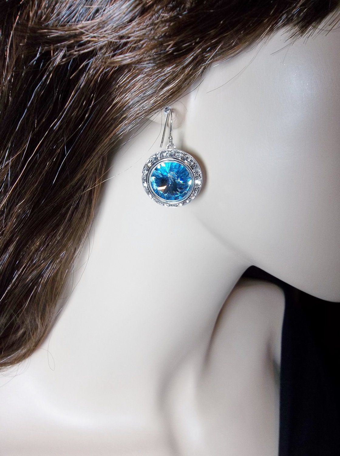 Aquamarine earrings -  Swarovski -  Rivoli - Crystal Earrings - March Birthday - gift -