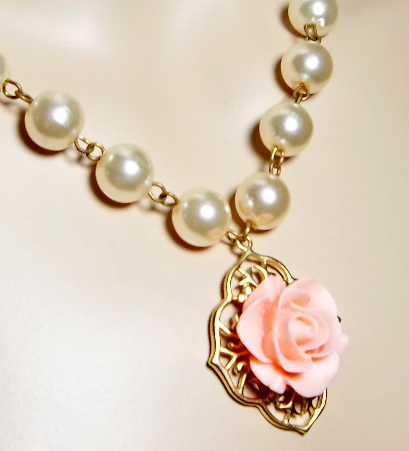 Gold Pearl necklace - Vintage pearls - Rose Cabochon - Pendant - Victorian inspired- Wedding Jewelry -