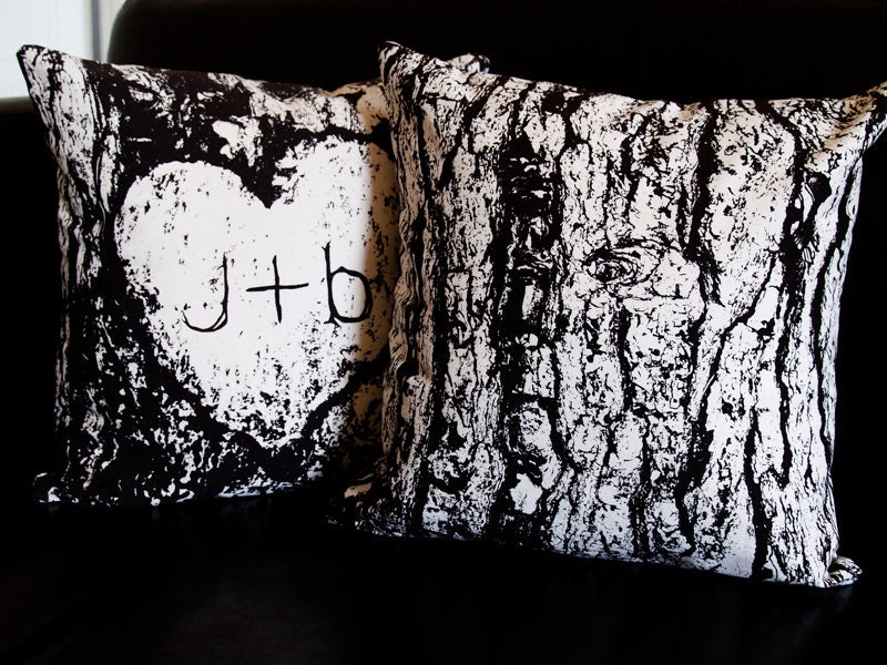 Personalized Carved Initials in Tree Bark Cotton Twill 14 x 14 Throw Pillow CASE ONLY