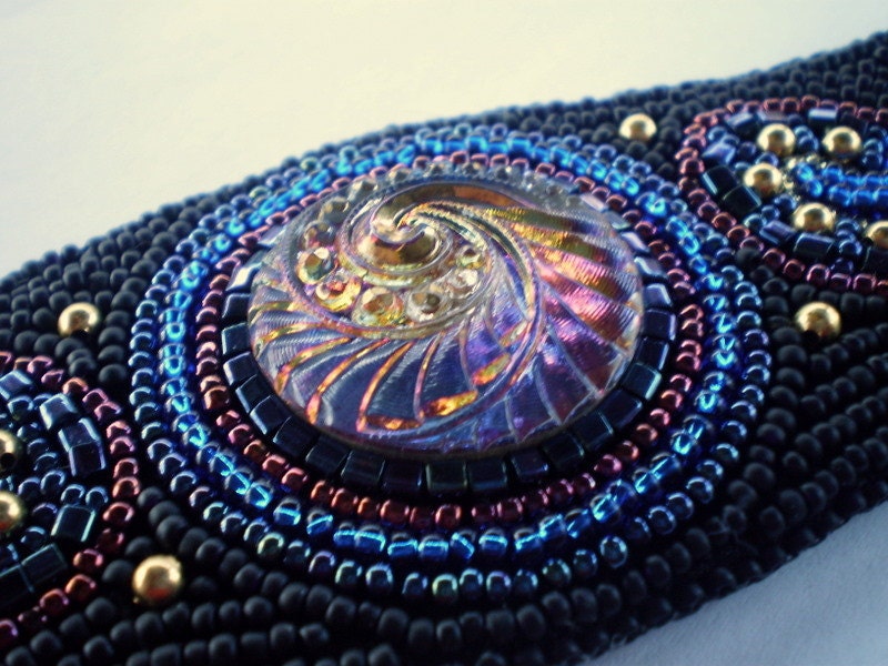 Bead Embroidery Bracelet Black Blue Gold Vibrant colors Seed bead bracelet