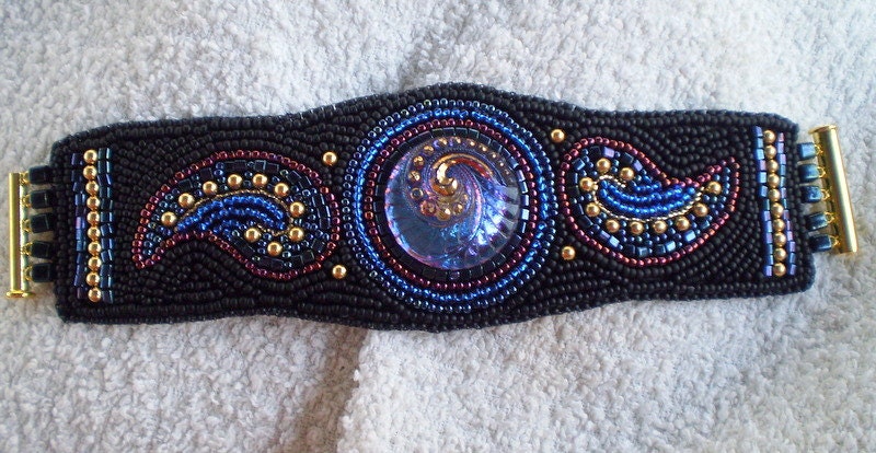 Bead Embroidery Bracelet Black Blue Gold Vibrant colors Seed bead bracelet