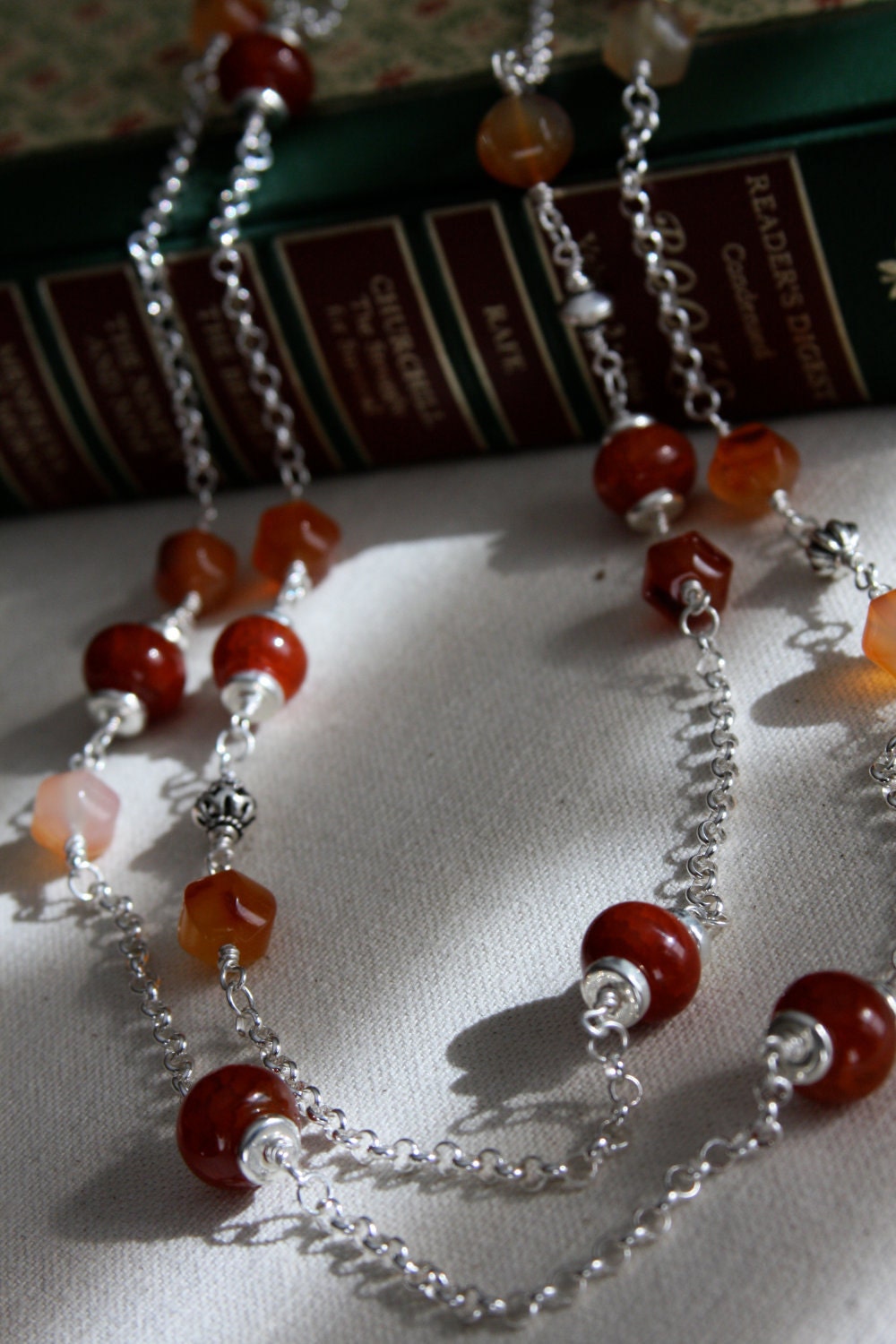 Long sterling silver chain with Carnelian, Mykonos beads and sterling Bali beads