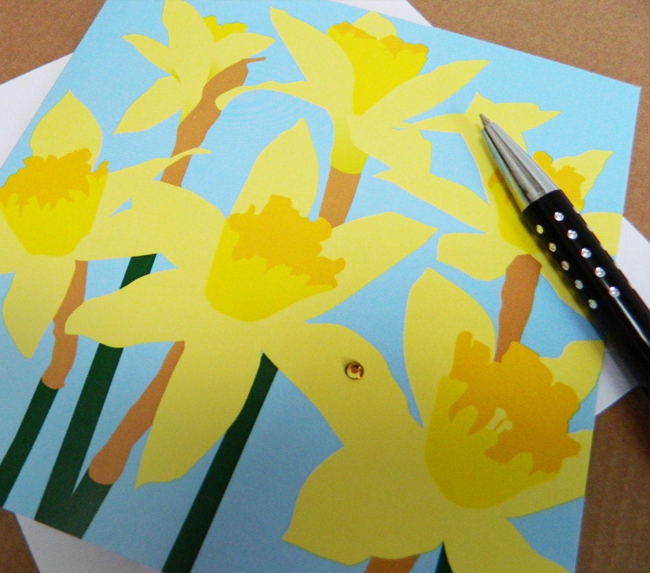 Yellow Daffodils Springtime Easter Card with Swarovski Crystal