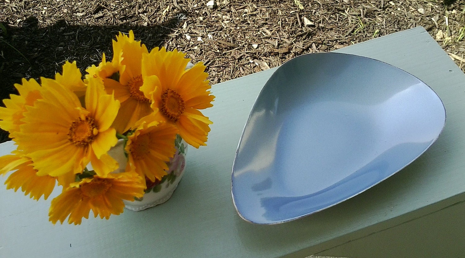 Vintage mid-century deep aqua enamel and silver plate decorative bowl by Reed and Barton