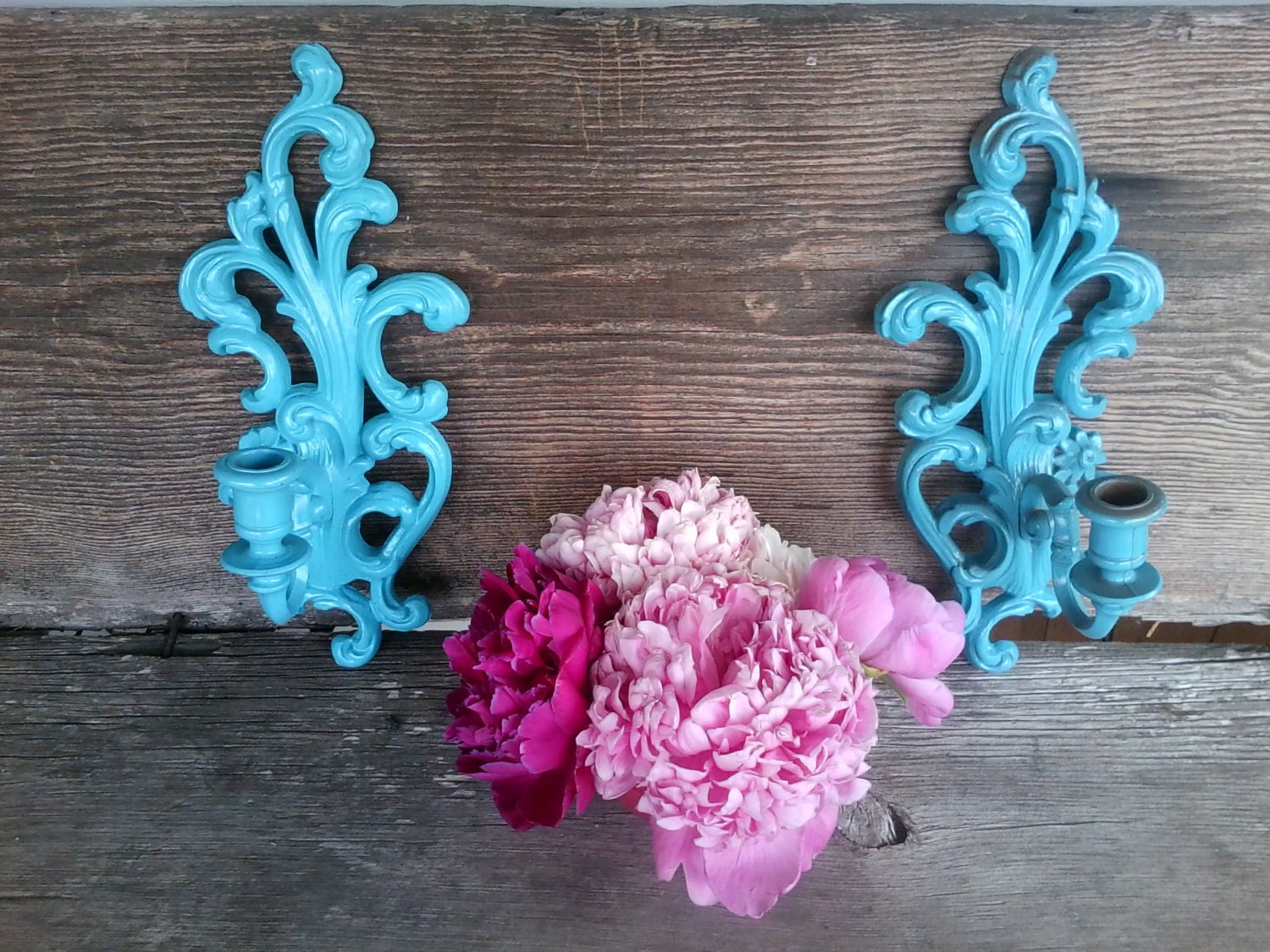 Upcycled brilliant turquoise scrolled wall sconce set
