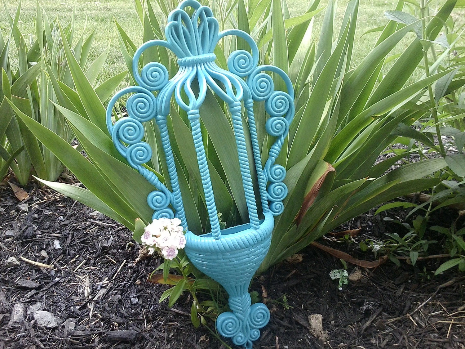 Vintage turquoise upcycled wall pocket-retro scrolled shabby cottage wall pocket-vase