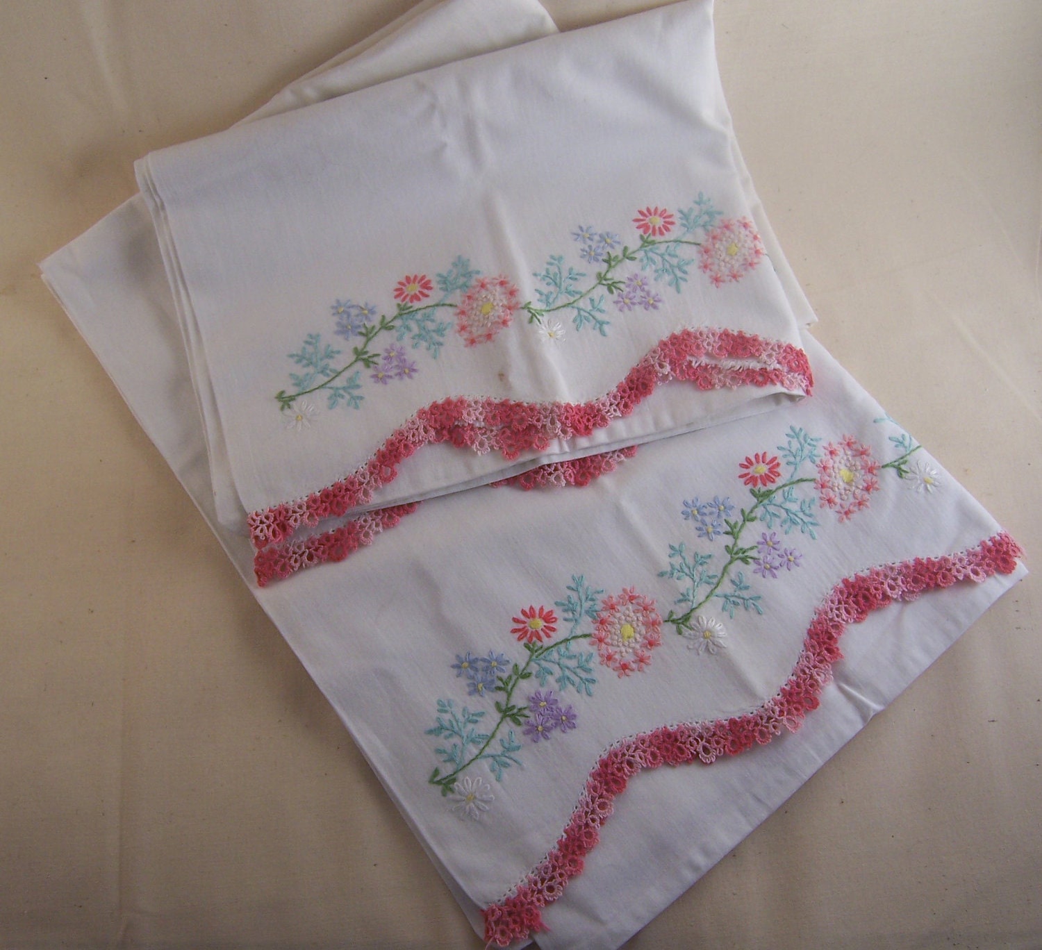1940's handstitched antique shabby chic handstitched pillowcase collection-cottage chic pillowcases with hand tatting