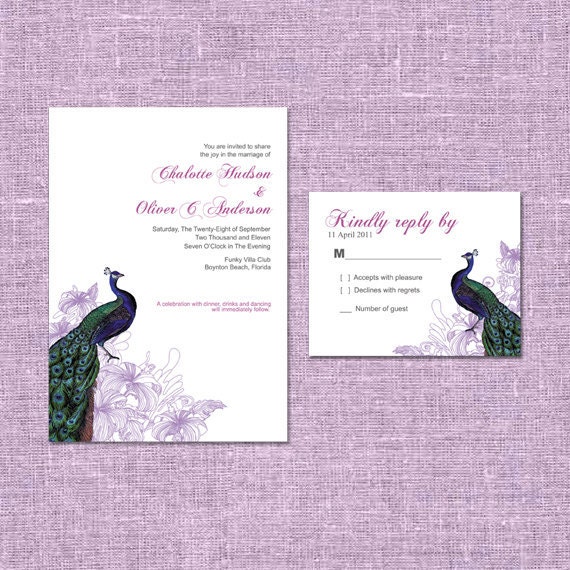 Vintage Peacock Wedding Card Set - Wedding Invitation and Reply Card - Sample set -