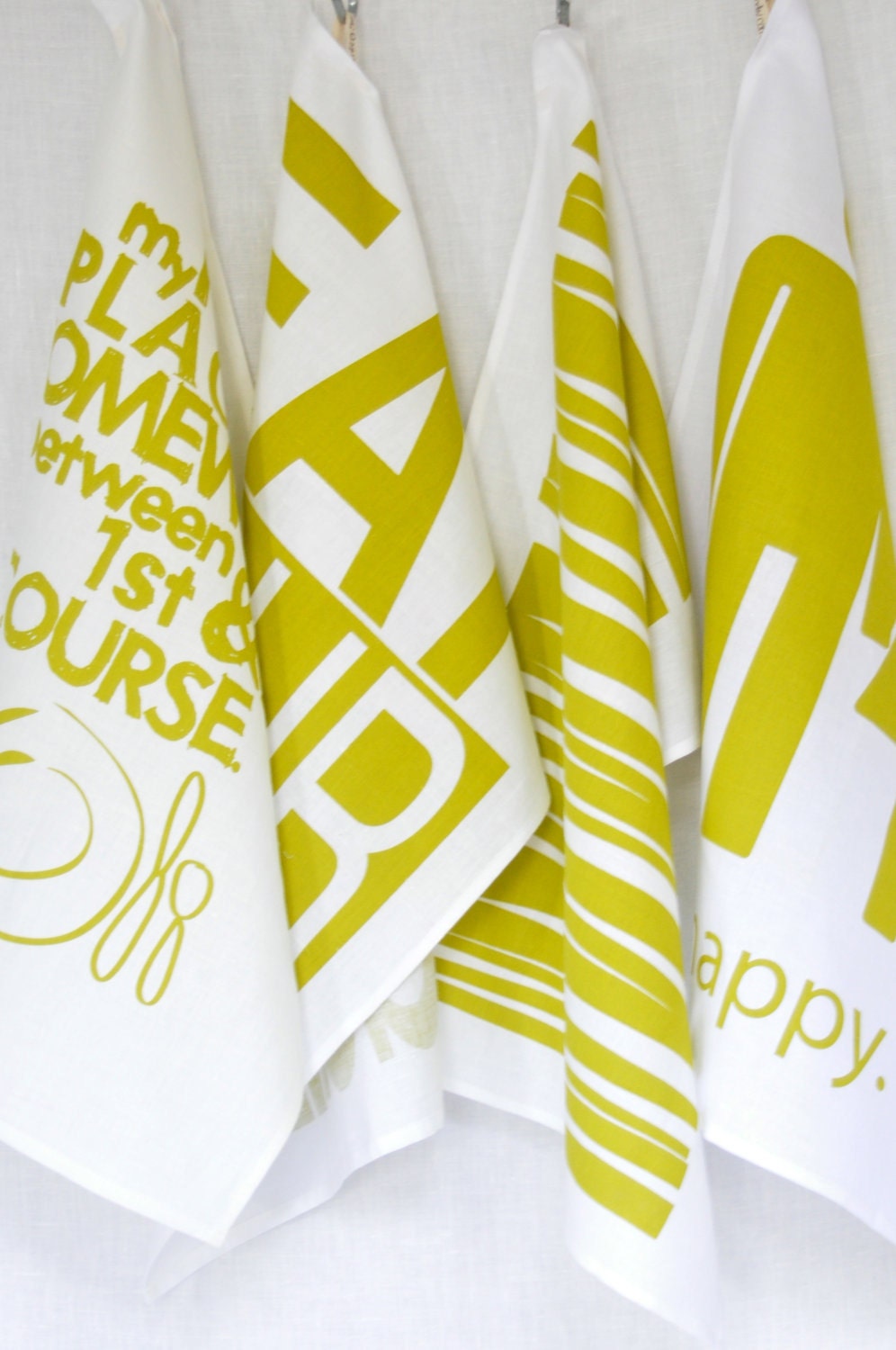 SALE. Cotton/Linen Tea Towel, Hand Printed 'My Happy Place...' in Citrus