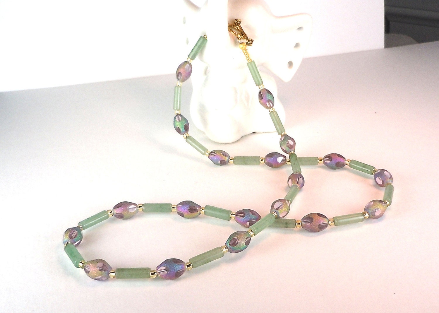 Necklace or Bracelet - green adventurine - glass iridescent ovals - toggle clasp
