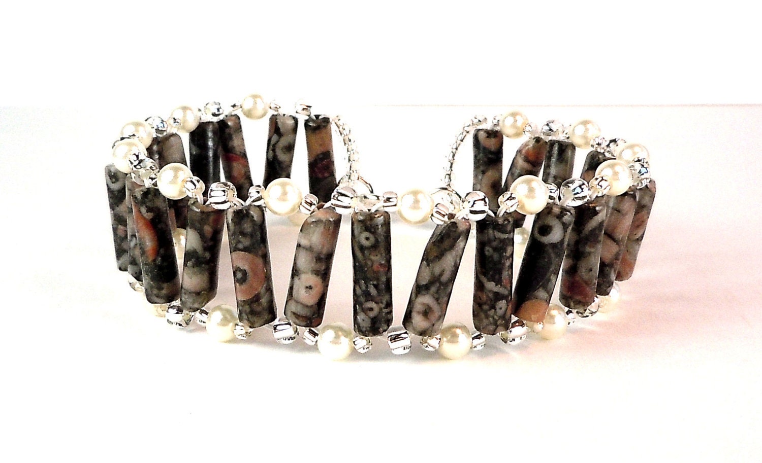 African Jasper Bracelet - Gemstone Bracelet - Cuff Bracelet - Pearl Bracelet - Seed Bead Bracelet