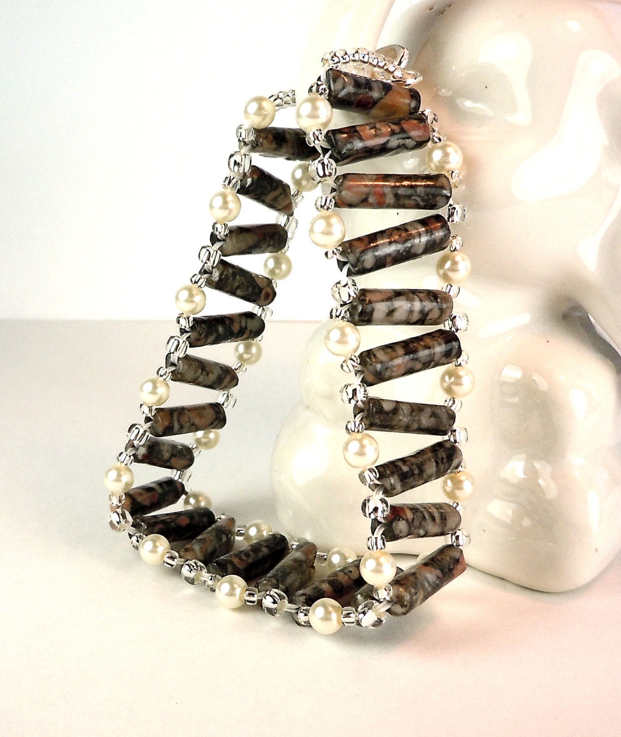 African Jasper Bracelet - Gemstone Bracelet - Cuff Bracelet - Pearl Bracelet - Seed Bead Bracelet