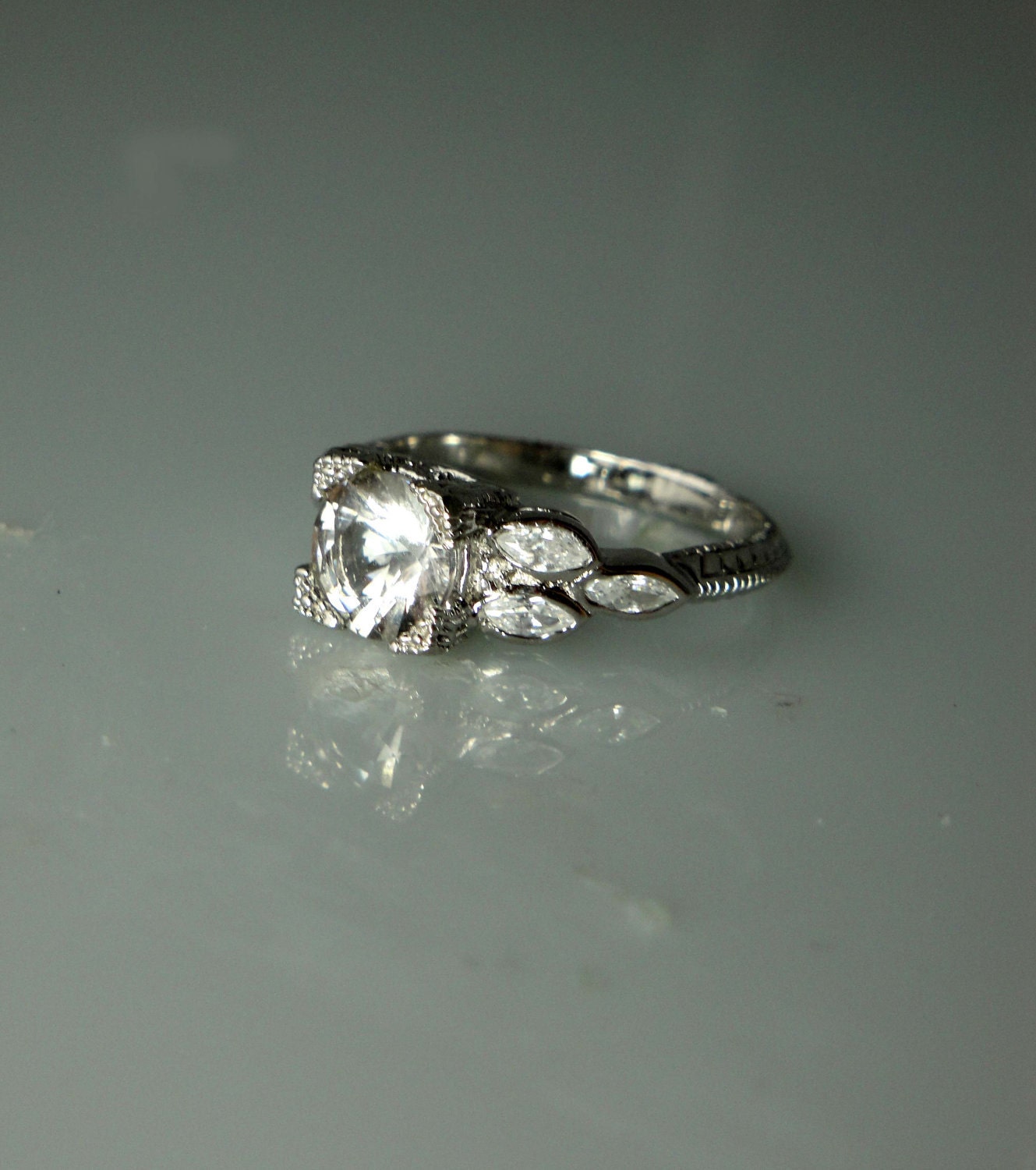 Stunning Antique Style Sparkling Herkimer Diamond and Sterling Silver Ring