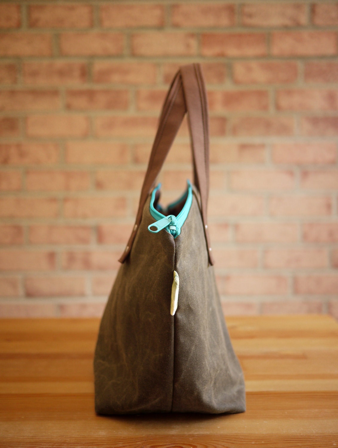 Waxed Canvas Zipper Tote in Dark Oak- Small Vegan Day Bag