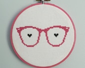 Wayfarer Glasses, Nerd Love, Hot Pink Modern Cross Stitch Hoop Art