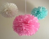 7 Pom Poms - Pink and Aqua Shabby Chic Tissue Paper Pom-Poms with Ribbons - More Colors Available