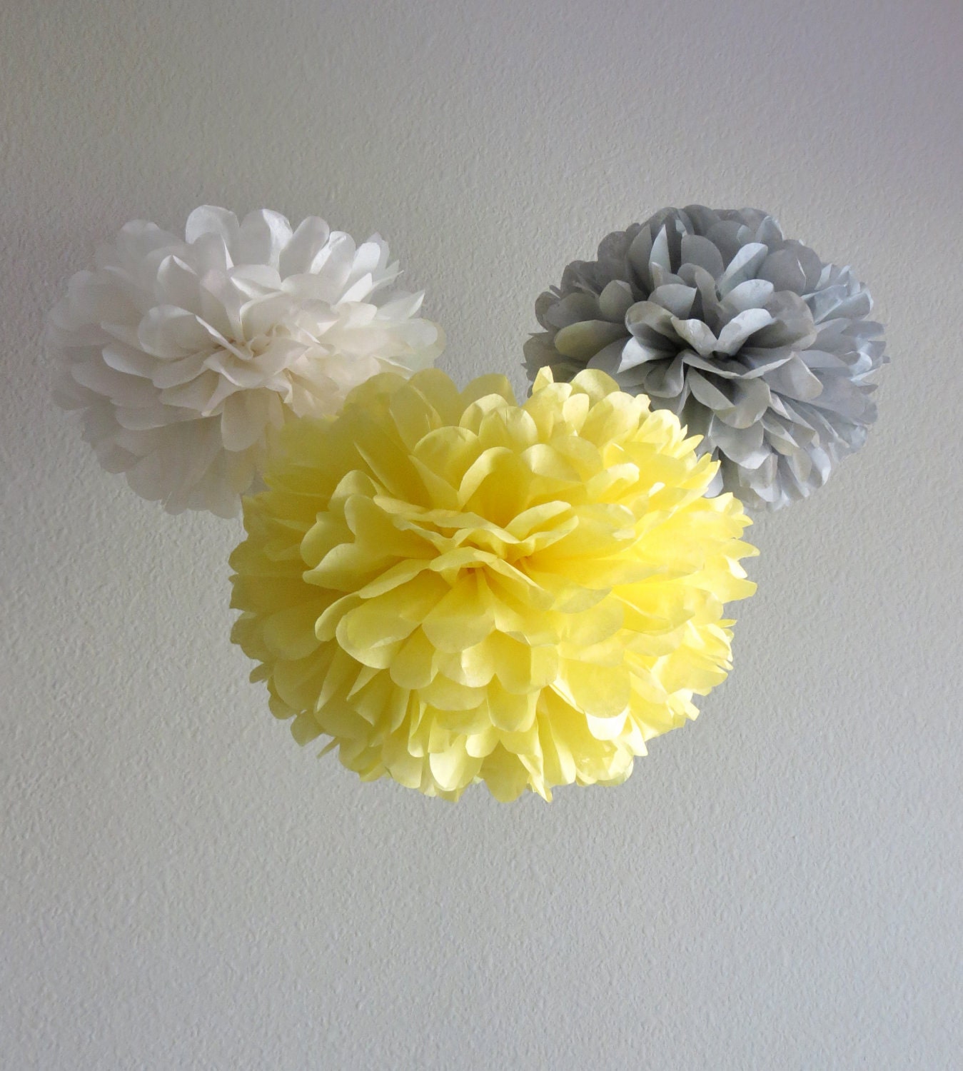 7 Pom Poms - Yellow & Grey Mod Paper Pom-Poms - More Colors Available