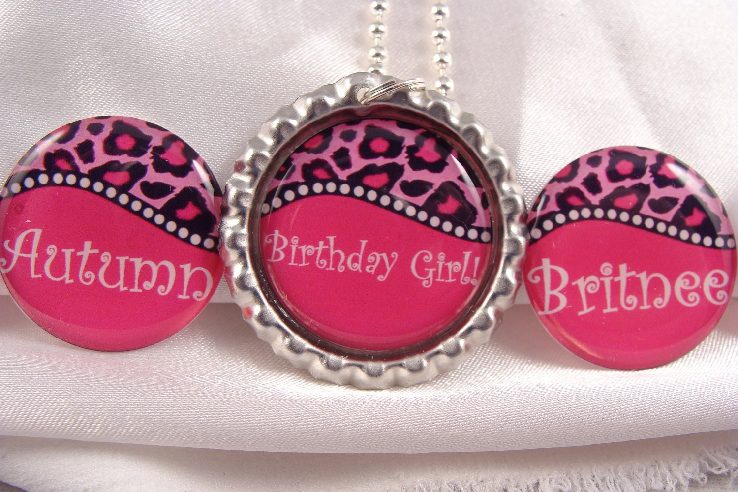 PARTY FAVOR Custom  Bottle Cap NECKLACE  Leopard Print Pink  with Individual Organza Bags and Silver Ball Chain