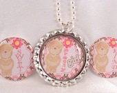 PARTY FAVOR Teddy Bear Bottlecap or Bottle Cap NECKLACE with Individual Organza Bags and Silver Ball Chain