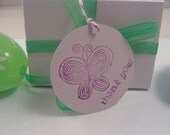 EASTER BUTTERFLY TAG Thank You Handmade Handstamped Pastel 2 inch Round set of 10 with Purple/White Baker's Twine