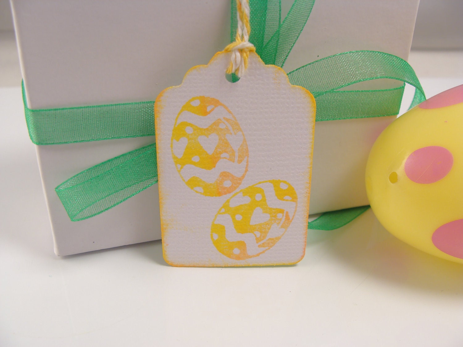 EASTER EGG TAG Handmade Handstamped  Yellow Orange 2 inch set of 12 with YellowWhite Baker's Twine