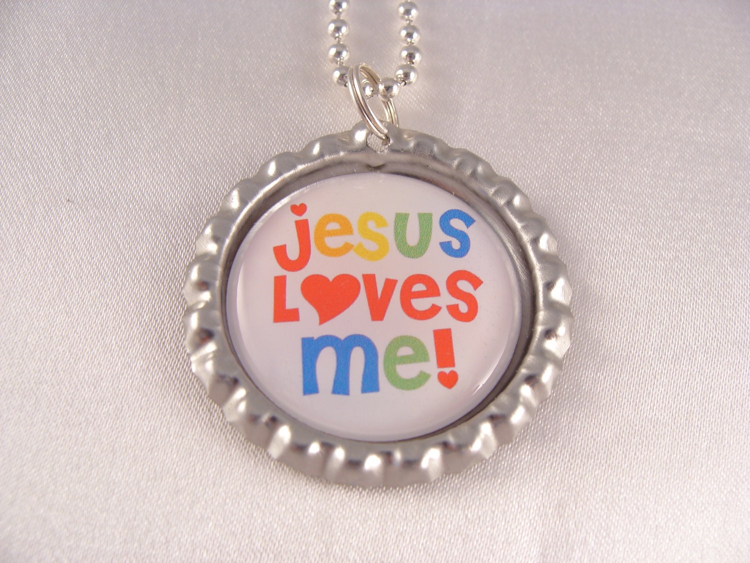PARTY FAVOR Bottlecap Bottle cap Jesus Loves Me NECKLACE  Party Favor with Individual Organza Bags and Silver Ball Chain