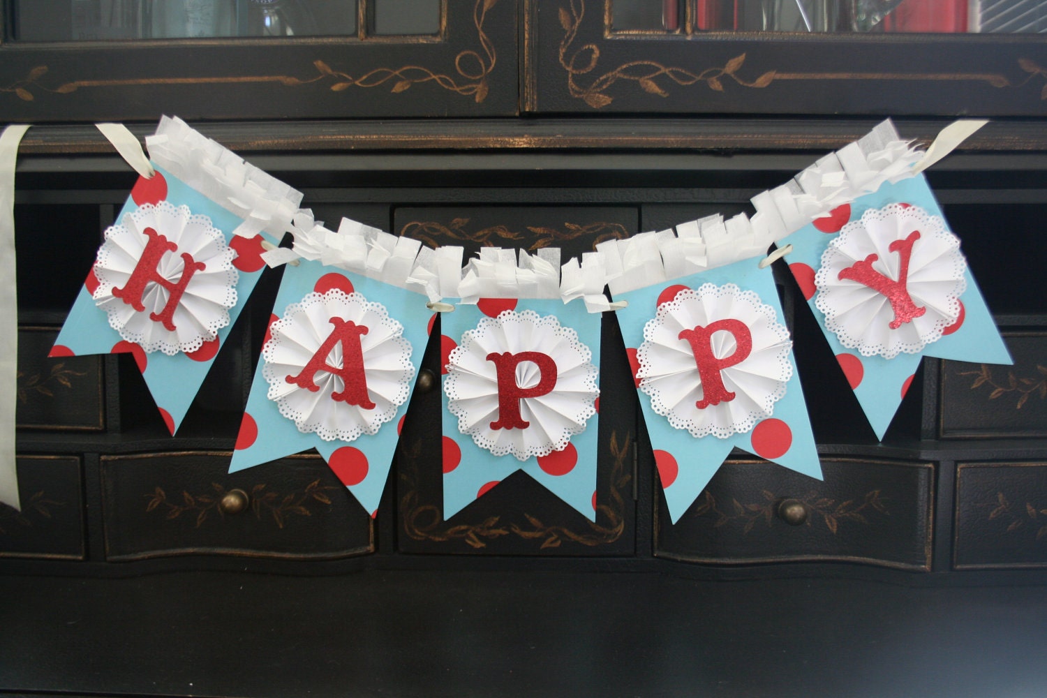 Red and Aqua Party Banner Happy Birthday Welcome Baby Wedding Garland Decoration Il_570xn