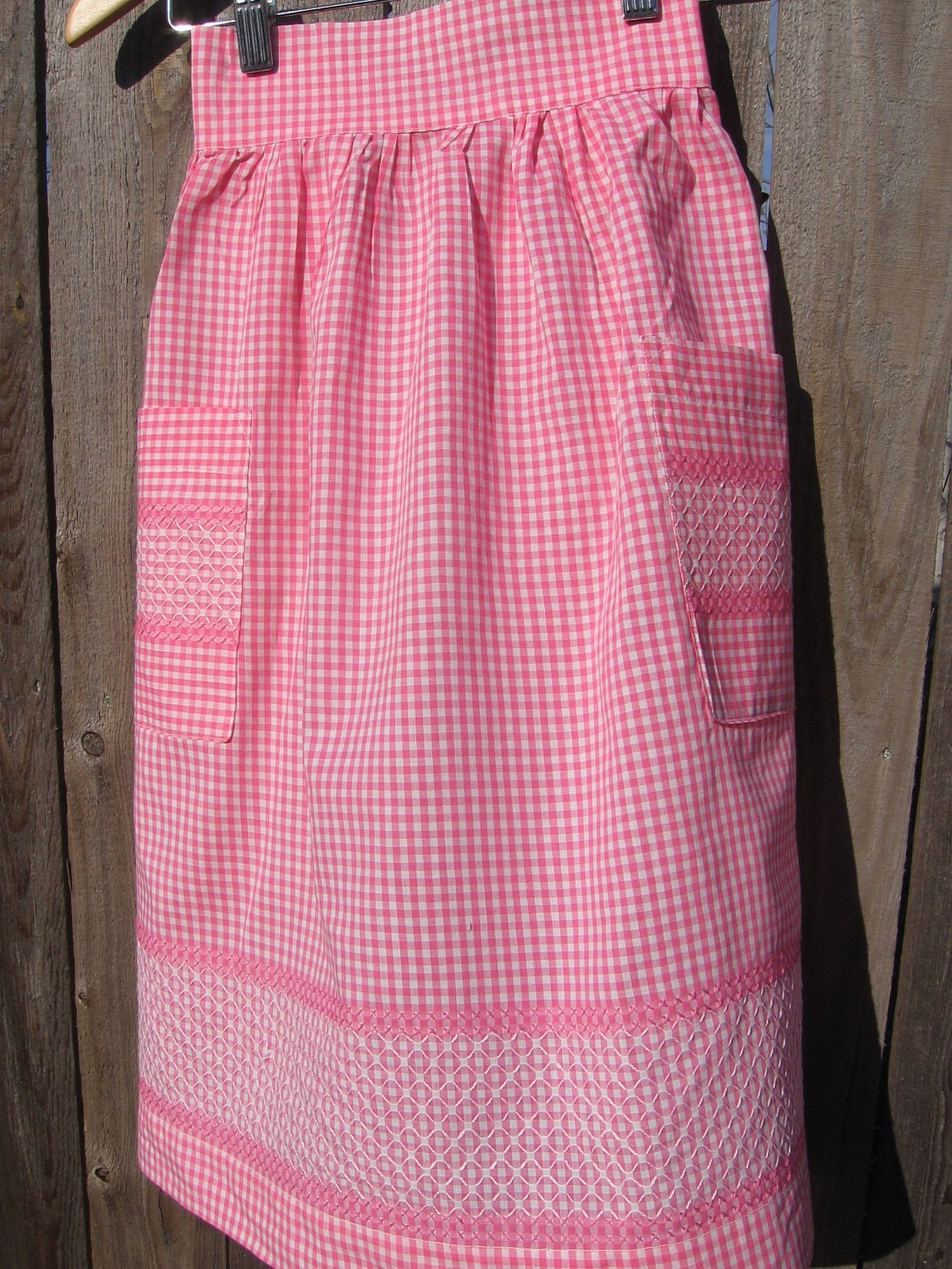 clearance-Vintage Pink Gingham and Embroidered Half Apron