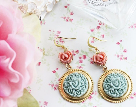 Pastels Dreams Earrings. Pink Blush and Slate Rose.Vintage Inspired Flower Earrings.  Spring . Bridesmaids. Weddings. Delicate Jewelry