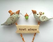 Cream Gray and Pink Champagne Wedding Birds with green acorn Rustic Wedding Cake Topper