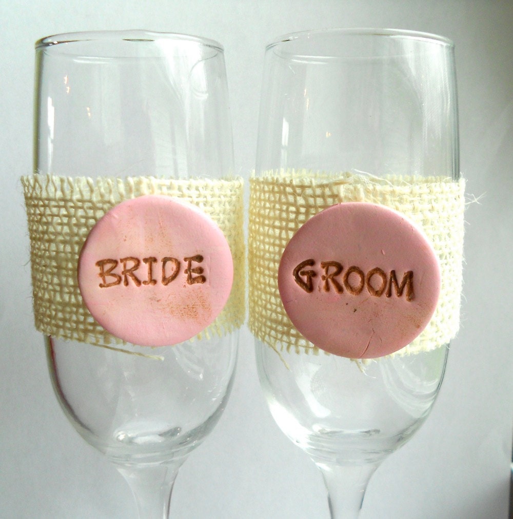 Rustic Wedding Bride and Groom Champagne Glasses - You Choose Color