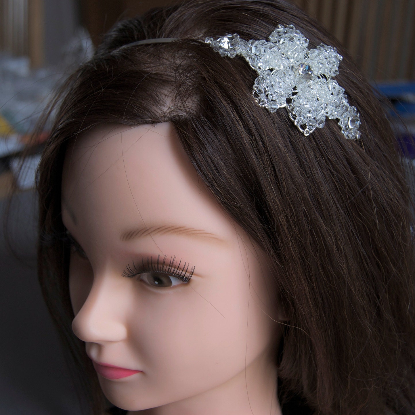 Side Tiara, Wedding Headband, Bridal Hair Accessories - Silver Diamante (Rhinestone) and Swarovski Crystal Flower