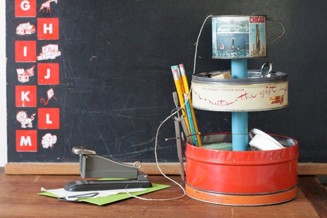 3-Tier Desk Organizer Caddy from Vintage Metal Tin Canisters