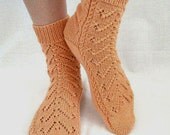 Hand knitted womens fishnet Socks Vectors peach merino wool  orange