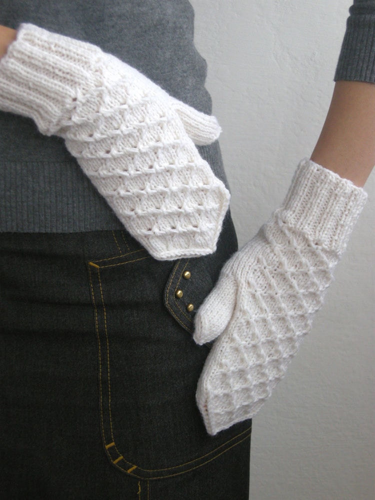 Hand knit white mittens for woman lace winter snow