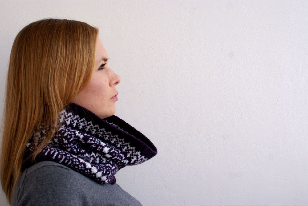 Hand knit chunky cowl infinity women scarf  indigo lilac purple for her