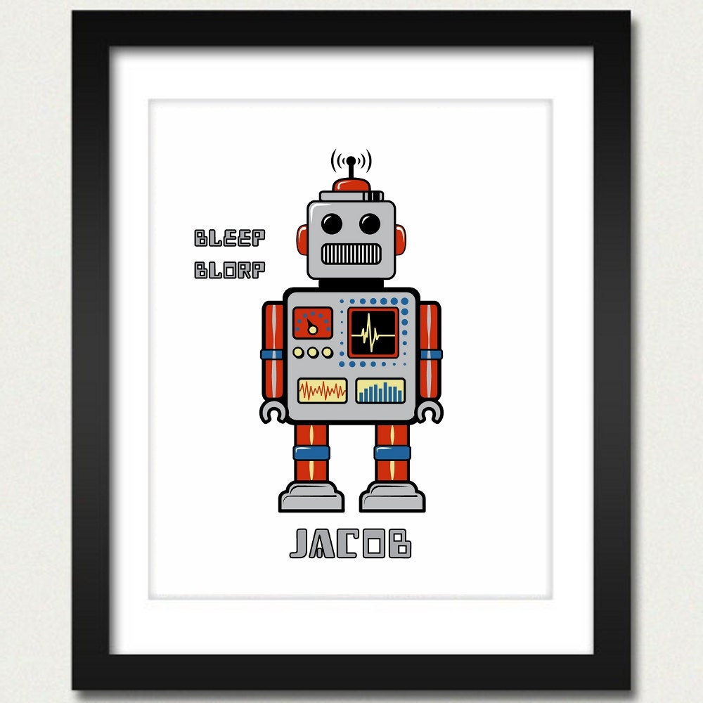 Robot Print / Robot Poster - Retro Robot - Personalized Name - Kids Room or Office - 8x10 Art Print