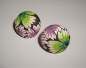 Cute Vintage Fabric Earrings - Green and Purple Floral Print - 3/4"