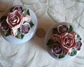 Vintage Trinket Boxes, Set of Two, Porcelain with Roses n Purple Flowers on Light Green Dish, Jewlery or Trinkets Womens, Excellent Conditon